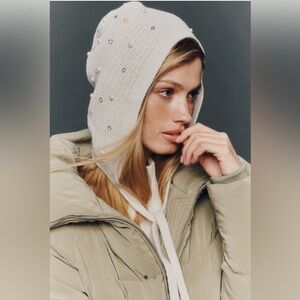 Anthropologie Flat White Rhinestone Embellished Knit Bonnet